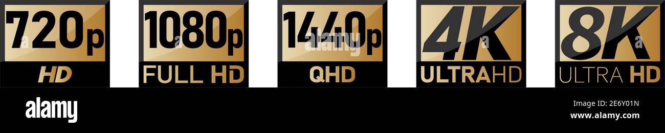 Icônes de résolution vidéo ou d'écran, chiffres noirs avec texte HD, QHD, ULTRA HD dans un rectangle doré Illustration de Vecteur
