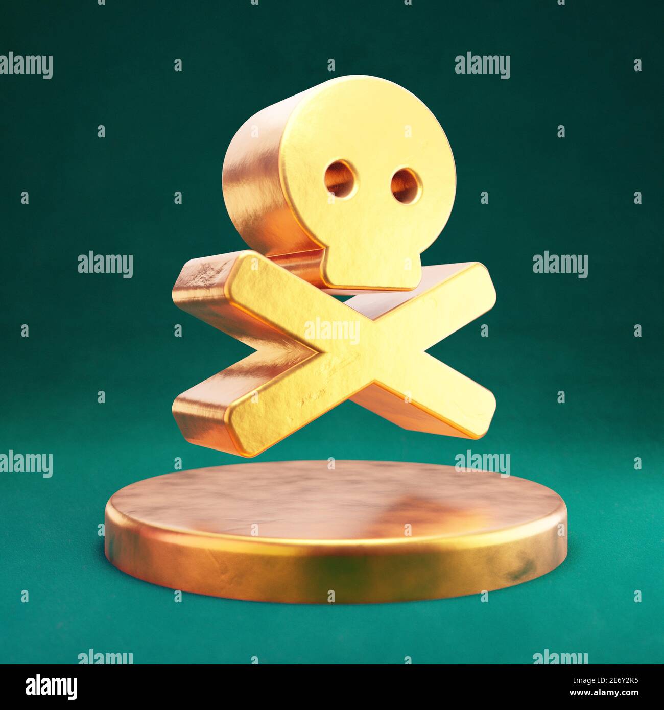 Icône crâne Crossbone. Symbole Fortuna Gold Skull Crossbone sur un podium doré. Banque D'Images
