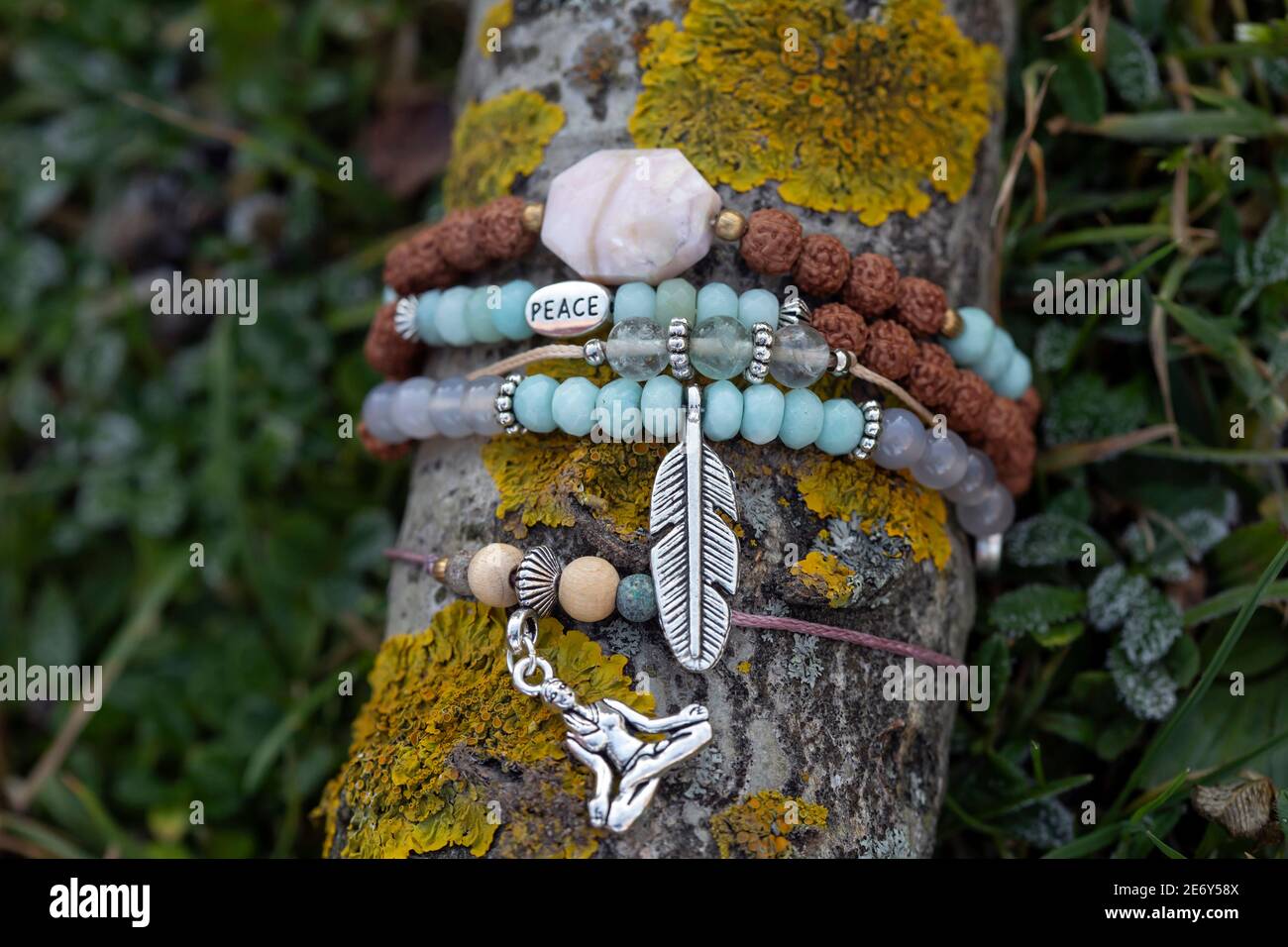 collection de petits bracelets de pierres minérales sur bâton de bois naturel arrière-plan Banque D'Images