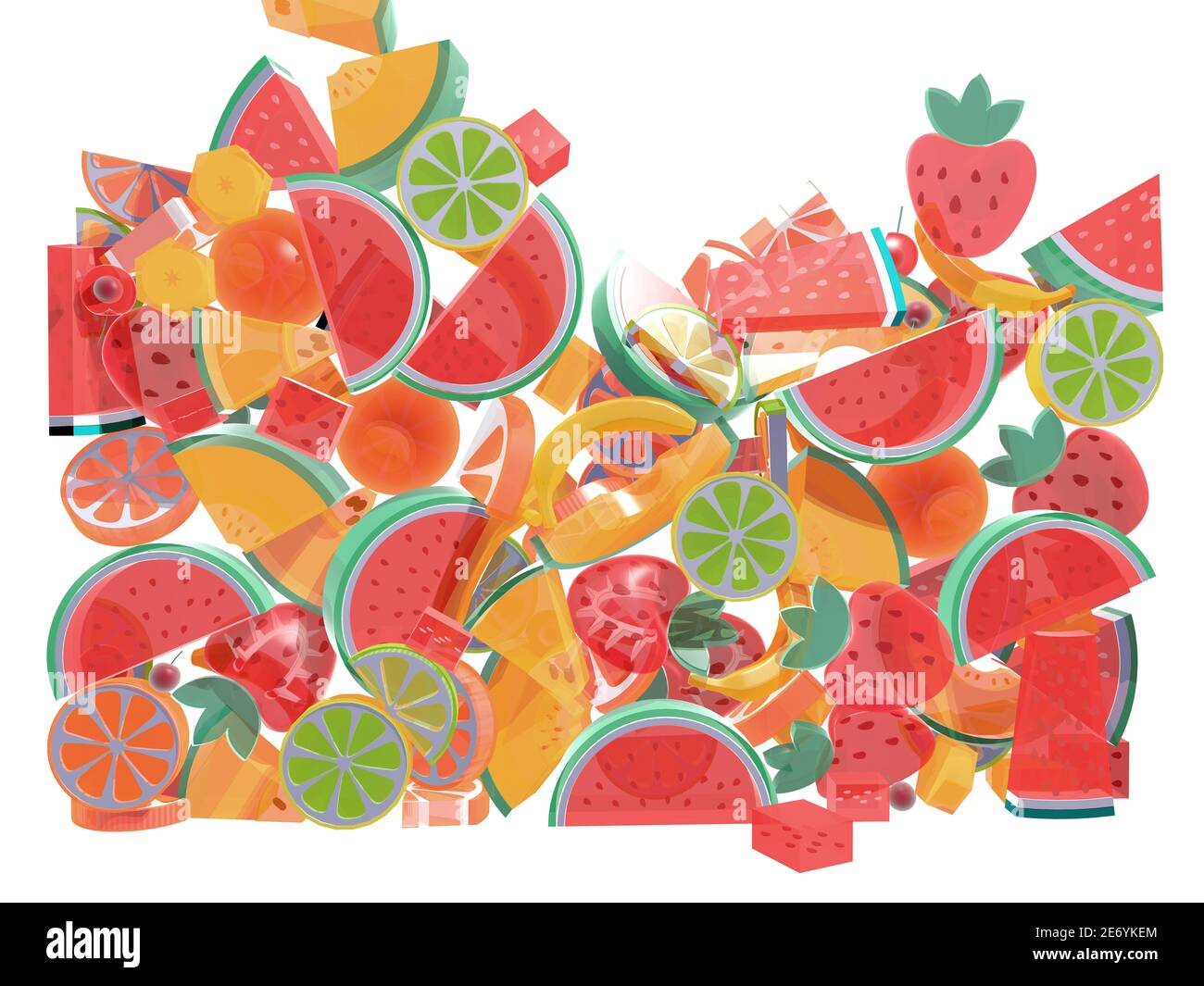 illustration 3d de divers fruits dans une salade de fruits tombant dans un récipient en verre. Frontal, avec des couleurs vives semi-transparentes. Banque D'Images