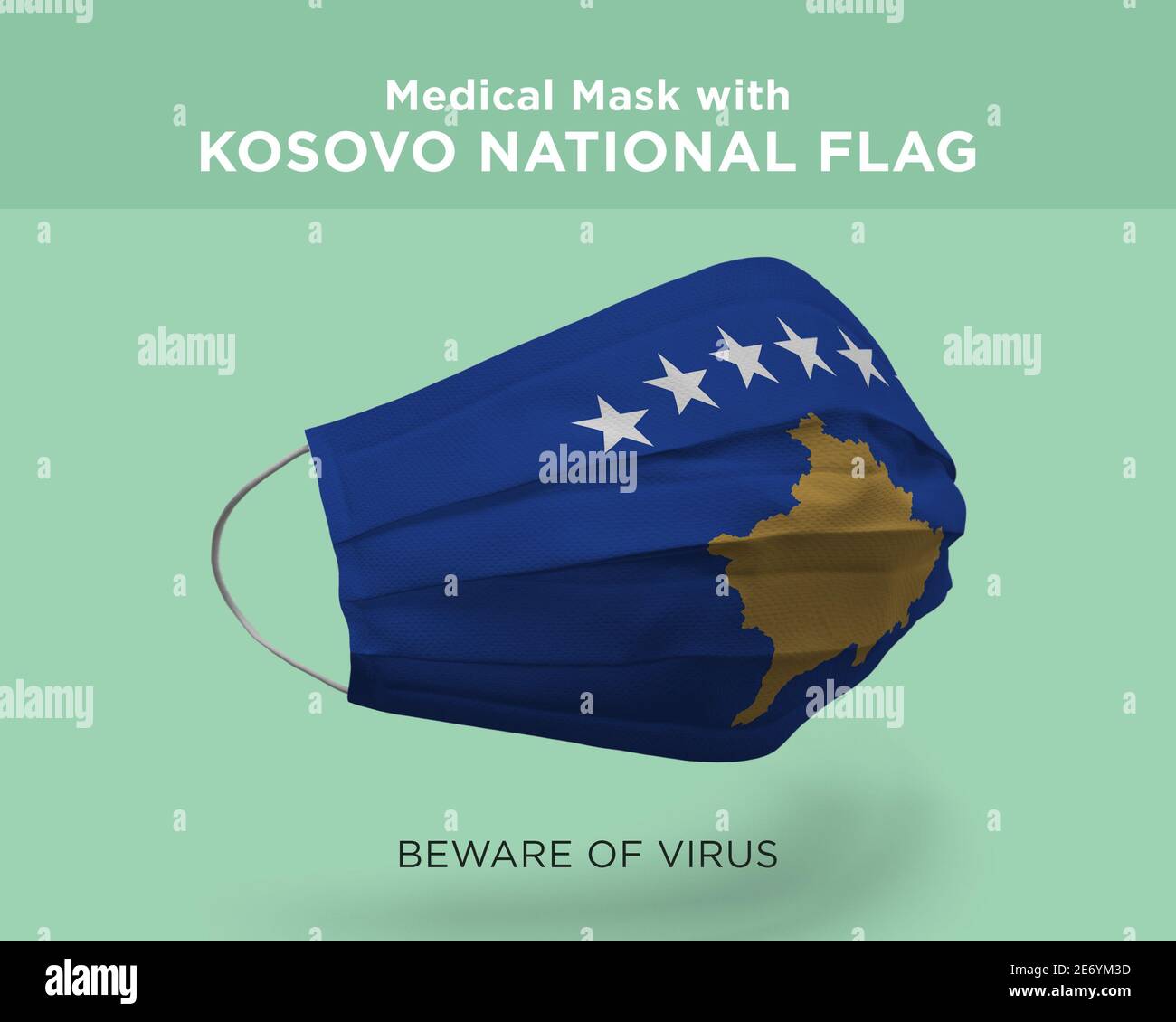 Rendu 3D d'un masque facial avec le drapeau national du Kosovo sur fond vert Banque D'Images