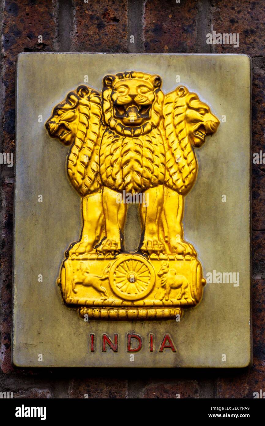 Une représentation de la capitale du Lion d'Ashoka était initialement Adopté comme emblème du Dominion de l'Inde dans Décembre 1947 montrant 4 lions en face Banque D'Images