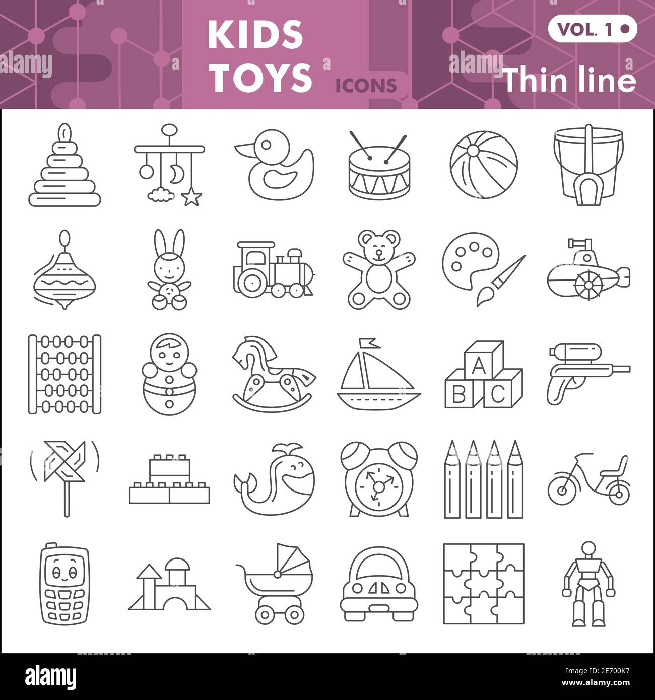 Jeu d'icônes de jouets pour enfants, collection de symboles de jouets pour enfants ou croquis. Affiches de style linéaire de jouet pour bébé pour le Web et l'application. Graphiques vectoriels isolés sur Illustration de Vecteur