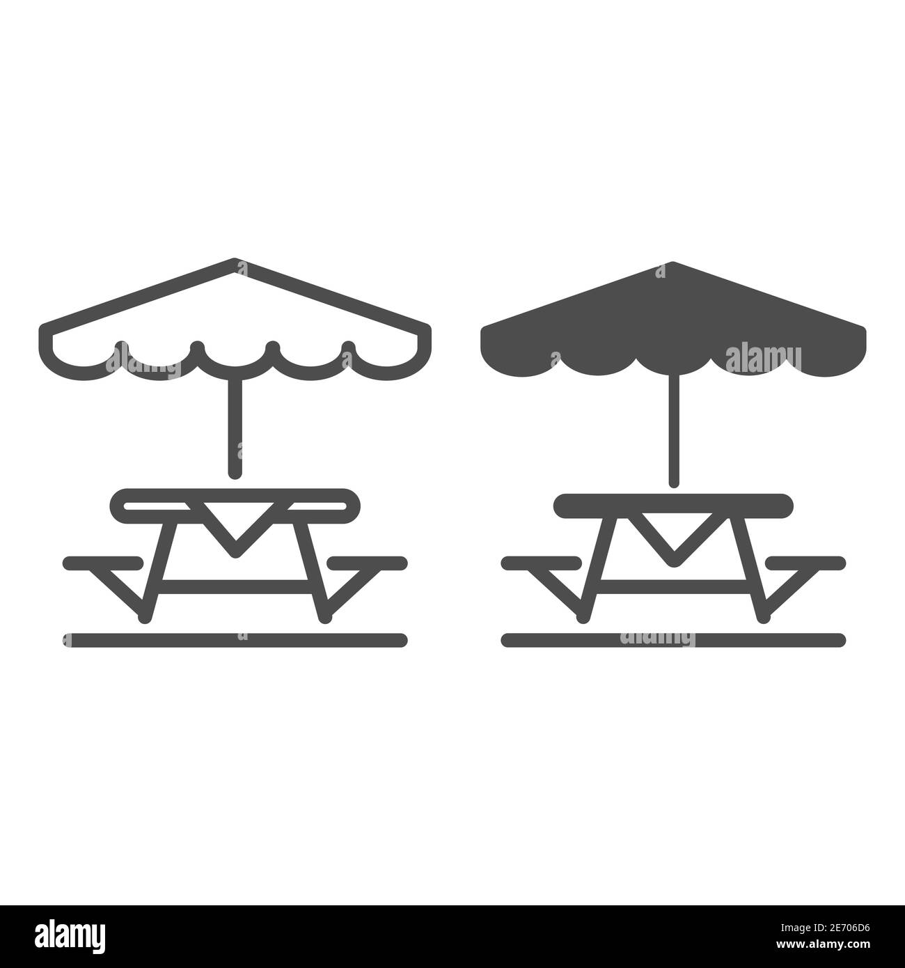 Table et banc de camping avec ligne de parapluie et icône solide, concept de pique-nique, panneau extérieur de table et de banc sur fond blanc, table extérieure avec Illustration de Vecteur
