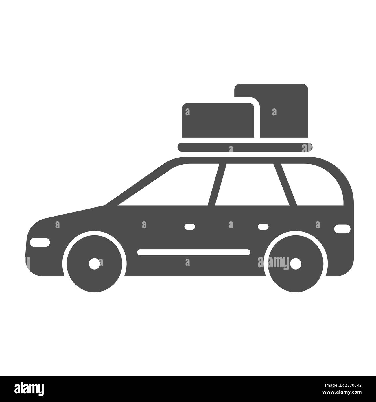 Icône de voiture de voyage solide, concept de voyage d'été, promenades en voiture sur panneau de pique-nique sur fond blanc, automobile avec des boîtes sur l'icône de toit en style glyphe pour mobile Illustration de Vecteur