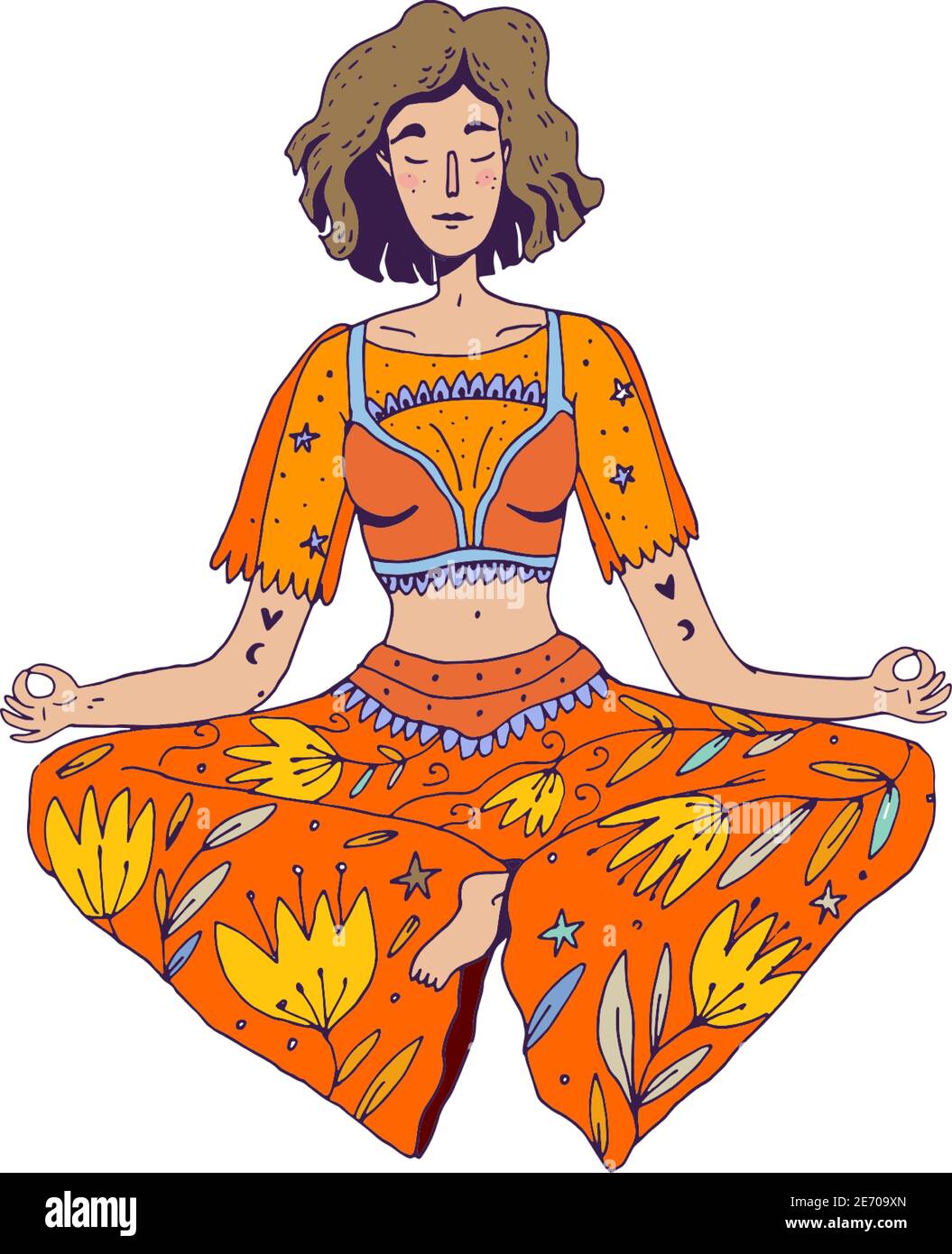 Une femme assise dans le yoga pose lotus et médite. Illustration vectorielle Doodle avec arrière-plan blanc isolé. Belle femme en boho style chic graphique e Illustration de Vecteur