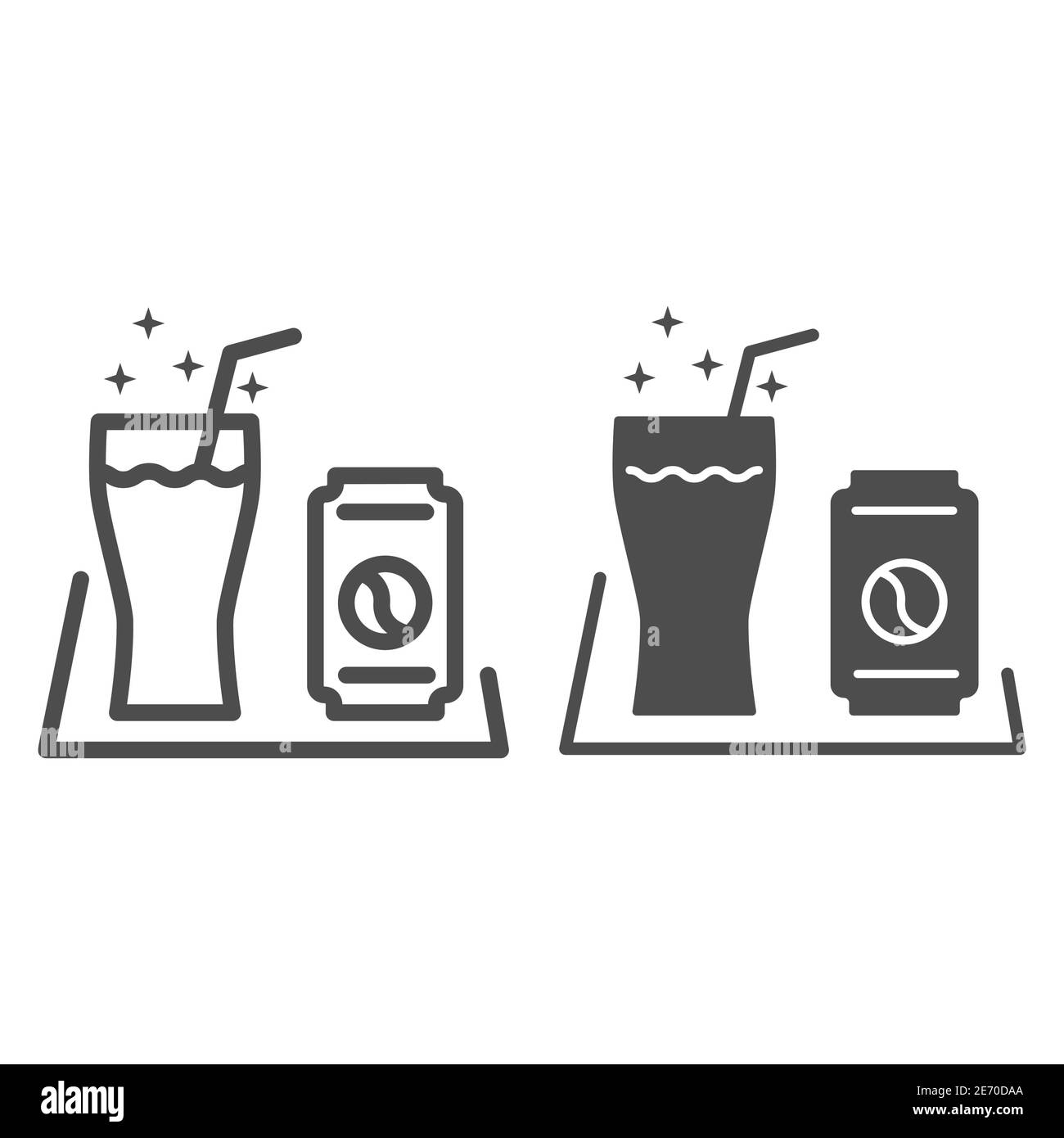 Ligne de boissons gazeuses et icône solide, concept pique-nique, boîte de boissons gazeuses et verre avec panneau de tube sur fond blanc, boisson en conserve avec icône en verre dans le style de contour Illustration de Vecteur