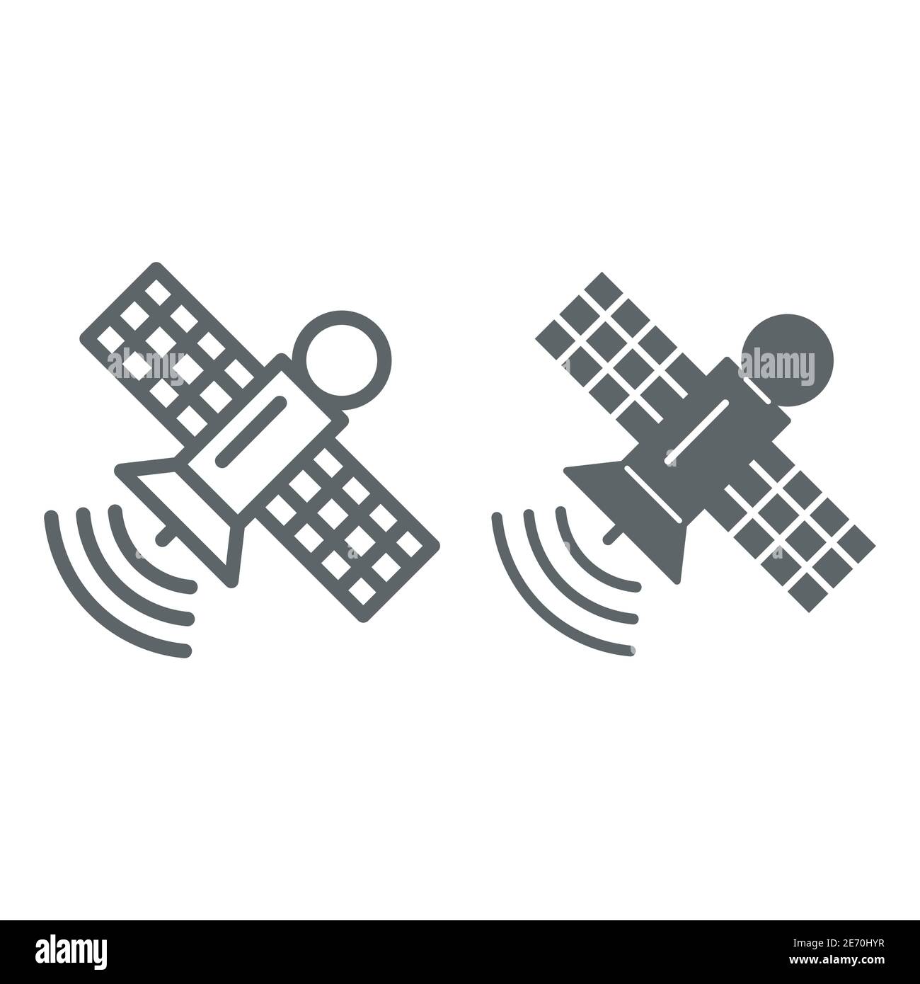 Ligne de station spatiale et icône solide, concept d'espace, signe satellite de communication sur fond blanc, icône de station spatiale en orbite dans le style de contour pour Illustration de Vecteur