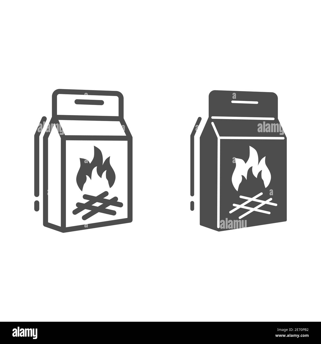 Ligne de briquettes de charbon et icône solide, concept de pique-nique, panneau de sac de papier de charbon sur fond blanc, emballage de charbon de bois pour le grill et icône de barbecue dans Illustration de Vecteur