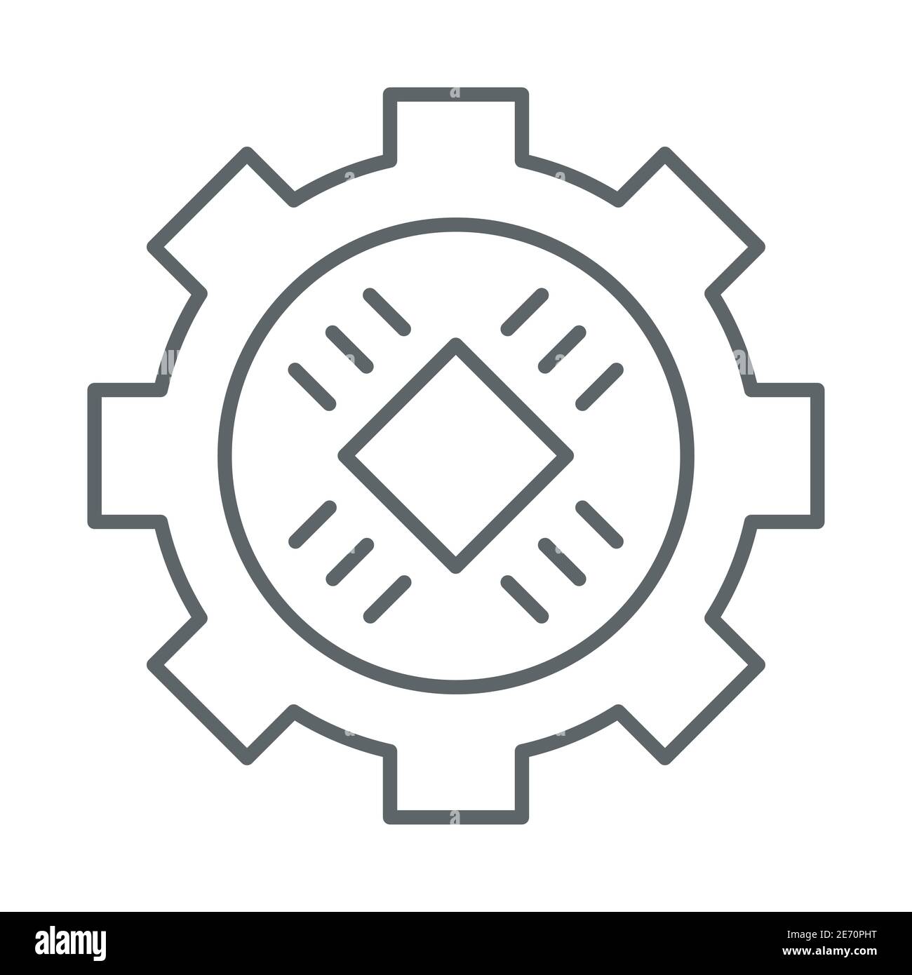 Processeur central dans l'icône de ligne mince d'engrenage, concept de technologie de l'information, Microchip dans le signe de roue dentée sur fond blanc, processeur d'engrenage avec puce Illustration de Vecteur