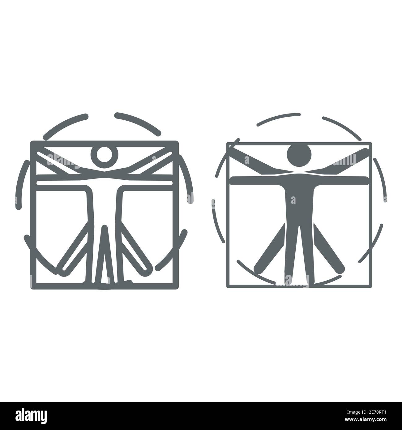 Leonardo Da Vinci Vitruvian ligne de l'homme et icône solide, concept scientifique, corps humain en cercle et signe carré sur fond blanc, homme proportion classique Illustration de Vecteur