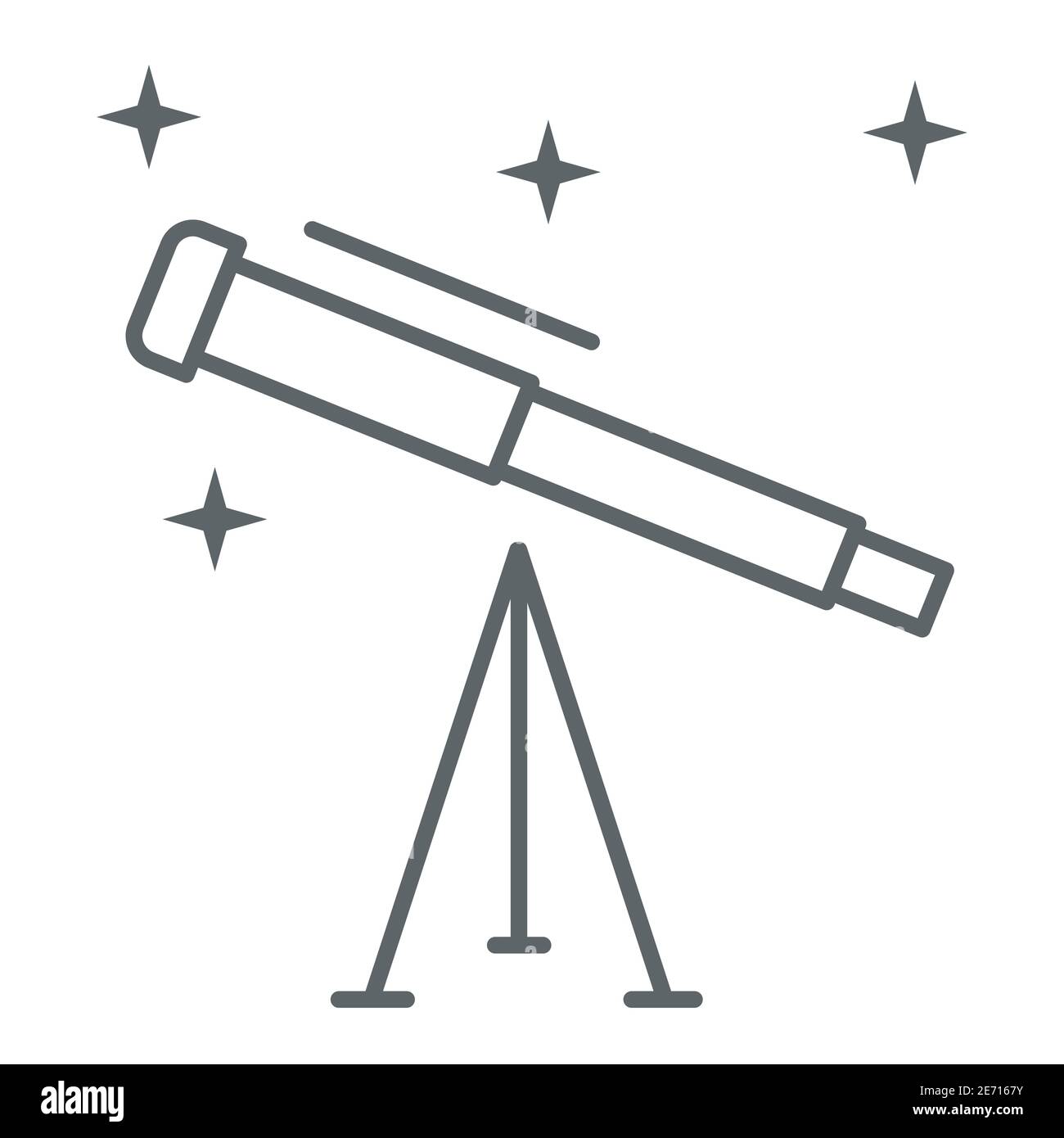 Icône du télescope en ligne mince, concept scientifique, instrument optique de recherche spatiale signe sur fond blanc, icône du télescope astronomique en forme de contour pour Illustration de Vecteur