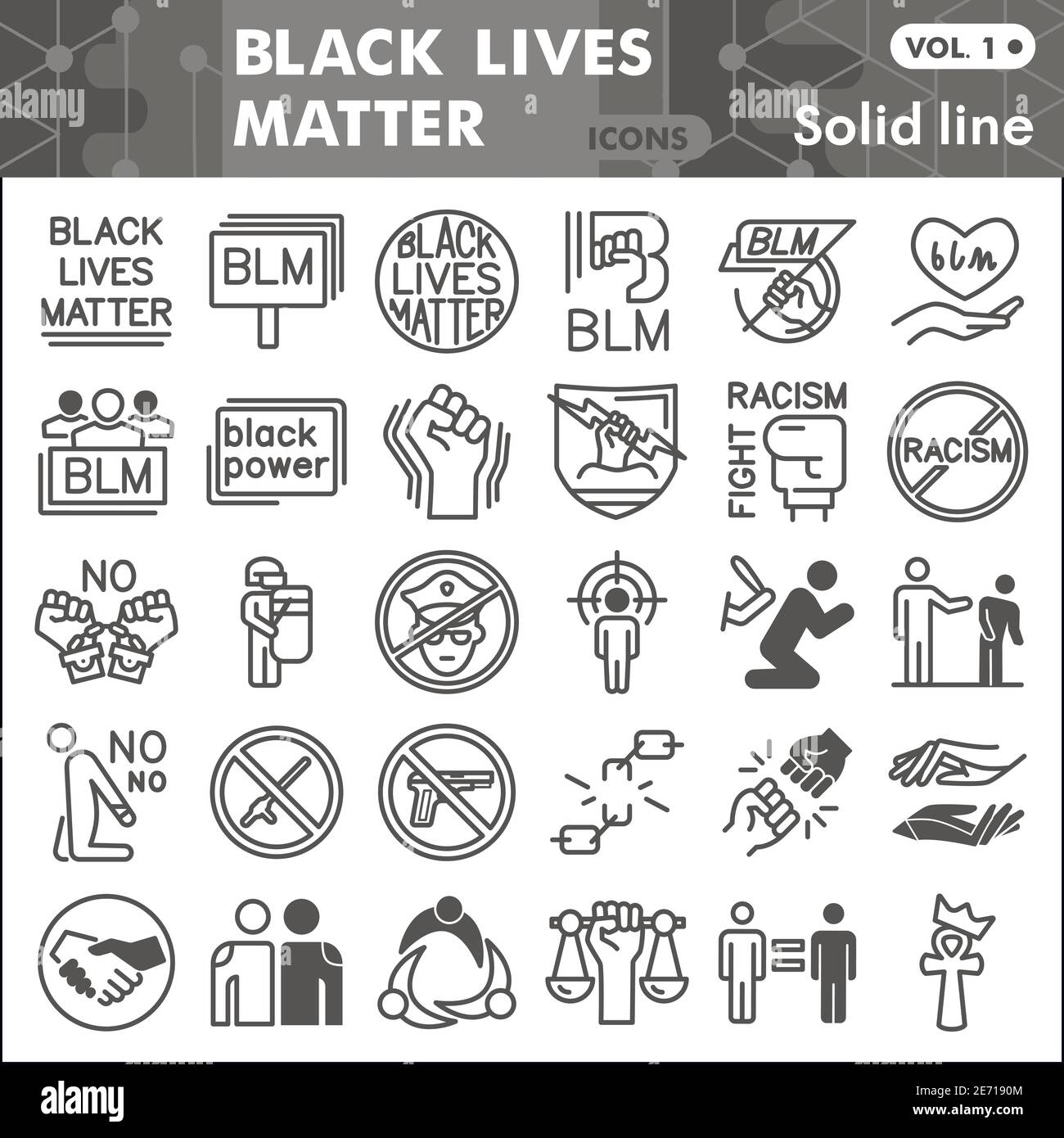 Jeu d'icônes de la ligne de matière Black Lives, collection de symboles No racisme ou croquis. Panneaux de style linéaire BLM pour le Web et l'application. Graphiques vectoriels isolés sur blanc Illustration de Vecteur
