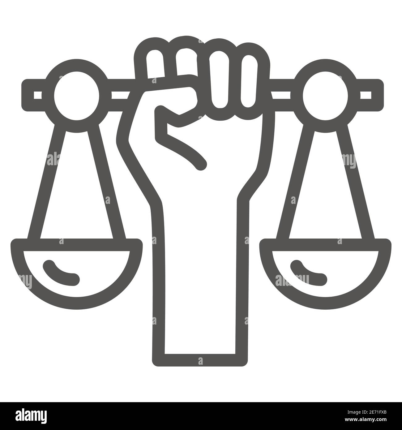 Main tenant des échelles icône de ligne, concept de la matière de vie noire, signe des droits civils sur fond blanc, Justice balance en main icône dans le style de contour pour Illustration de Vecteur