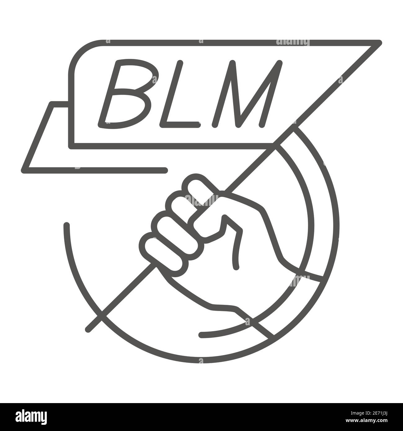 Main tenant l'affiche BLM icône fine ligne, Black Lives Matter concept, drapeau BLM en main signe sur fond blanc, affiche de protestation avec texte icône BLM dans Illustration de Vecteur
