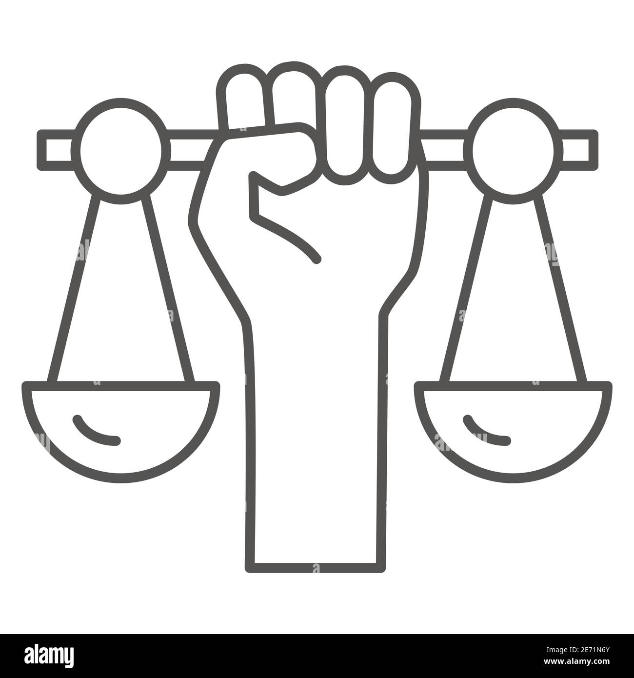 Main tenant les échelles icône de ligne mince, concept de la matière de la vie noire, signe des droits civils sur fond blanc, l'icône des échelles de justice en main dans le style de contour Illustration de Vecteur