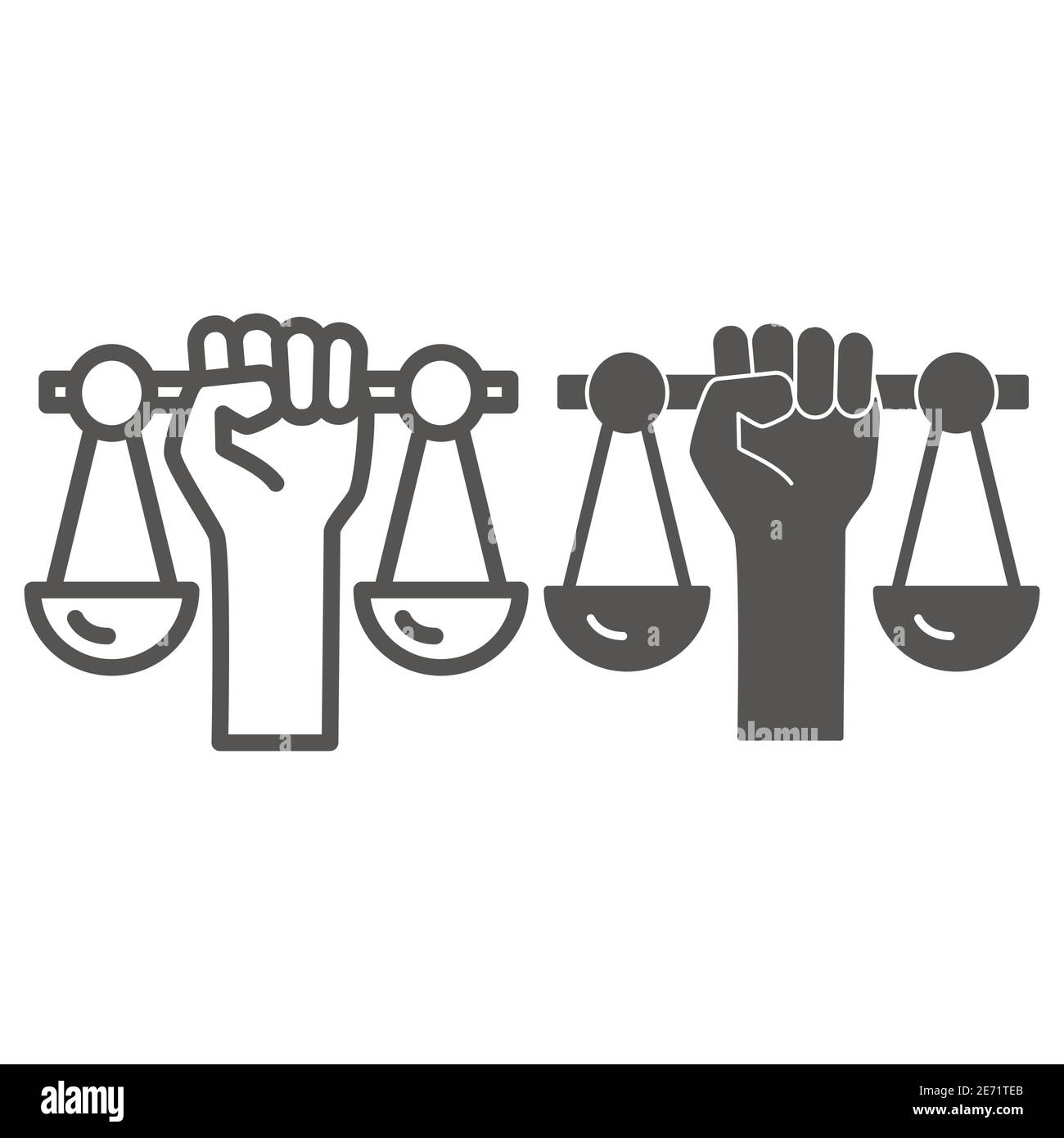 Main tenant la ligne des échelles et icône solide, concept de la matière de la vie noire, signe des droits civils sur fond blanc, balance de justice en main icône dans le contour Illustration de Vecteur