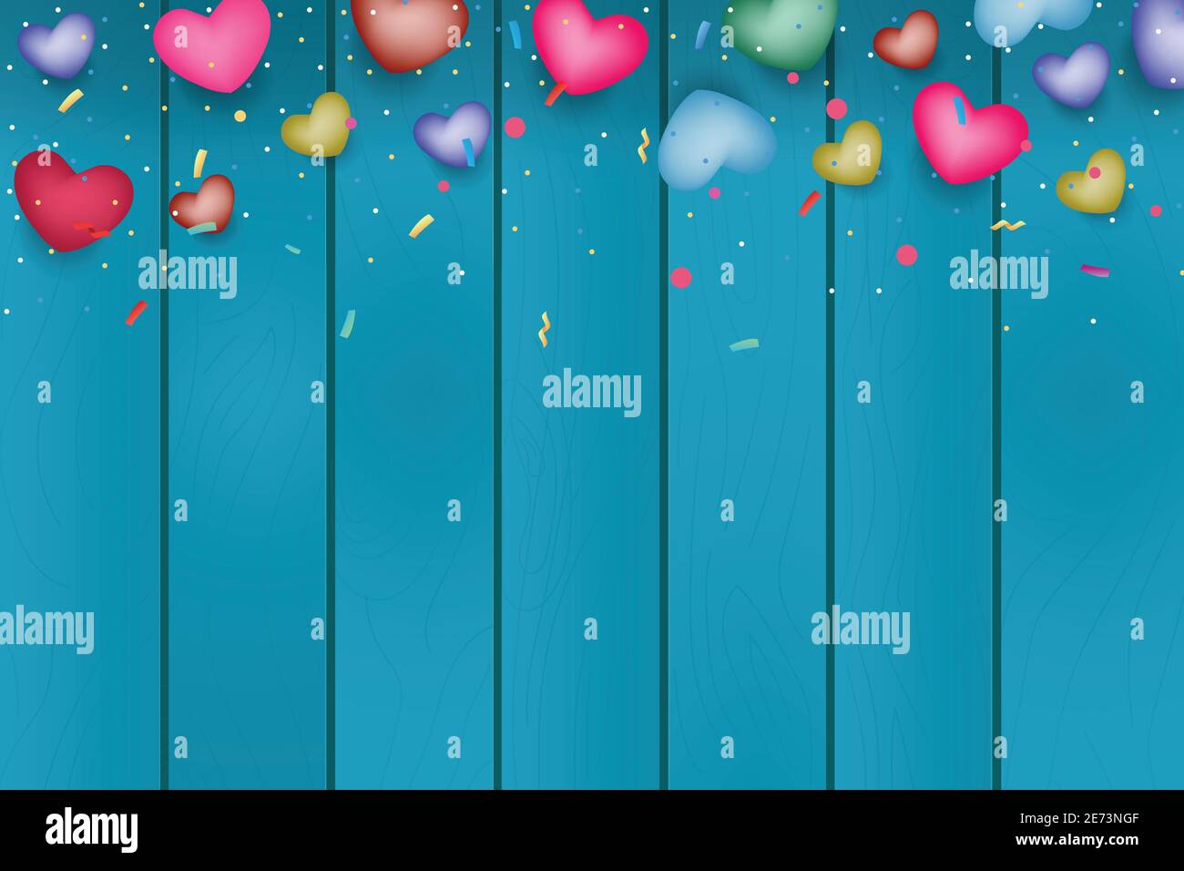 Carte de Saint-Valentin joyeuse, coeurs colorés avec des articles de vacances sur un fond en bois. Illustration de Vecteur