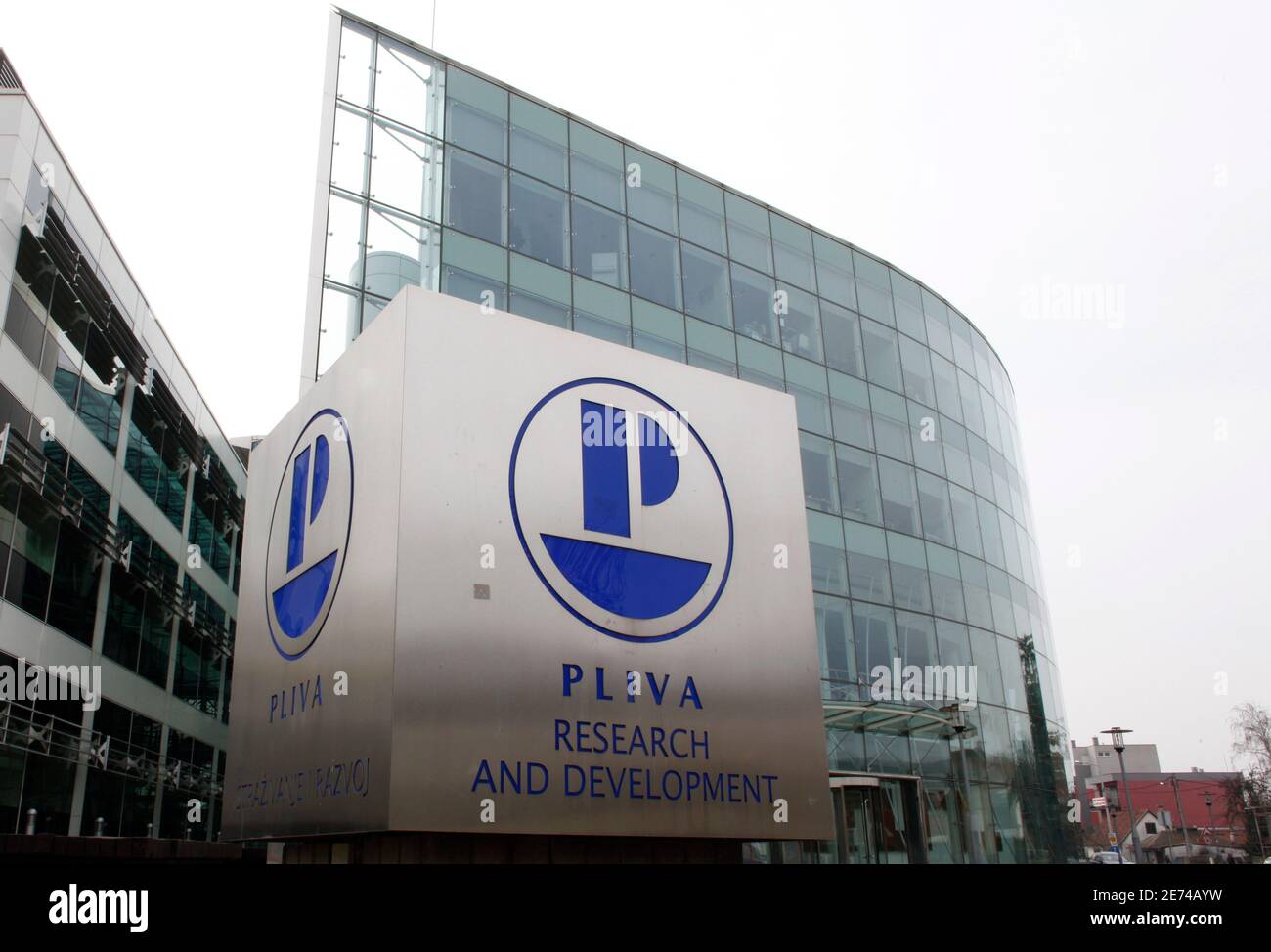 The logo of Croatia's pharmaceutical company Pliva owned by Teva  Pharmaceutical Industries is seen in front of the company's building in  Zagreb March 18, 2010. Pliva was Croatia's biggest drugs firm in