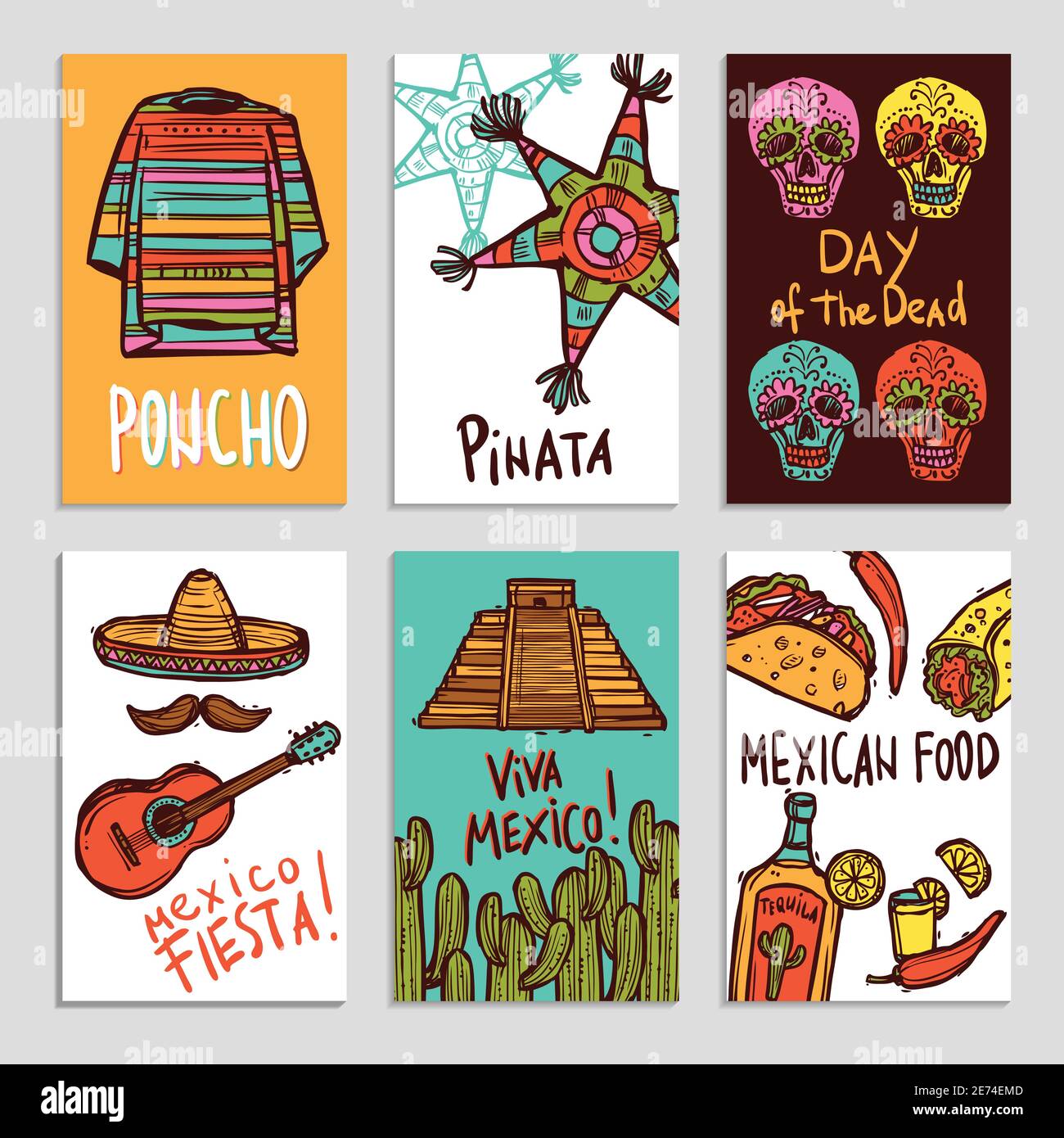 Ensemble d'affiches pour le Mexique avec poncho pinata dessiné à la main et nourriture illustration vectorielle isolée des éléments Illustration de Vecteur
