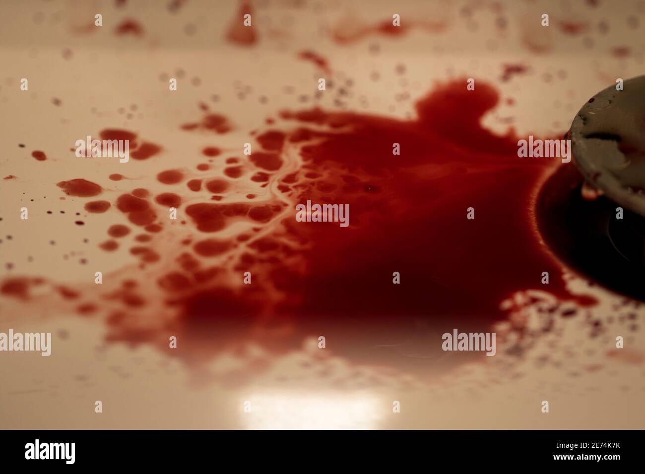 Le sang humain gros plan sur la macro-marée sanguine éclaboussé dans le lavabo blanc. Gros plan de l'ADN sanguin humain sur la scène du crime. Banque D'Images