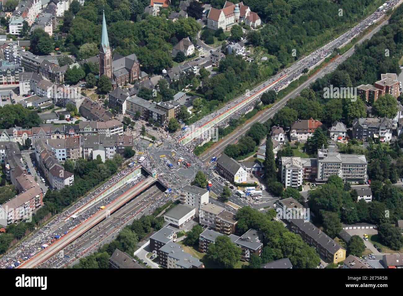 An aerial view shows a part of the 60 km (38 miles) long A40/B1 motorway in  downtown Bochum between the western German cities of Dortmund and Duisburg,  which has been turned into