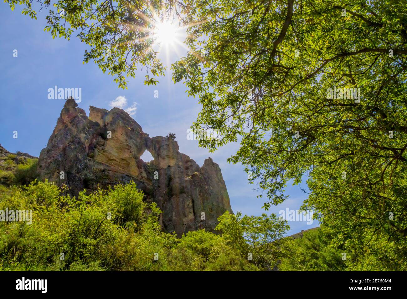montagne rocheuse avec un trou au milieu vu à travers quelques arbres, dans la gorge de Peregrina en el Parque Natural del Rio Dulce, Guadalajara, Espagne Banque D'Images