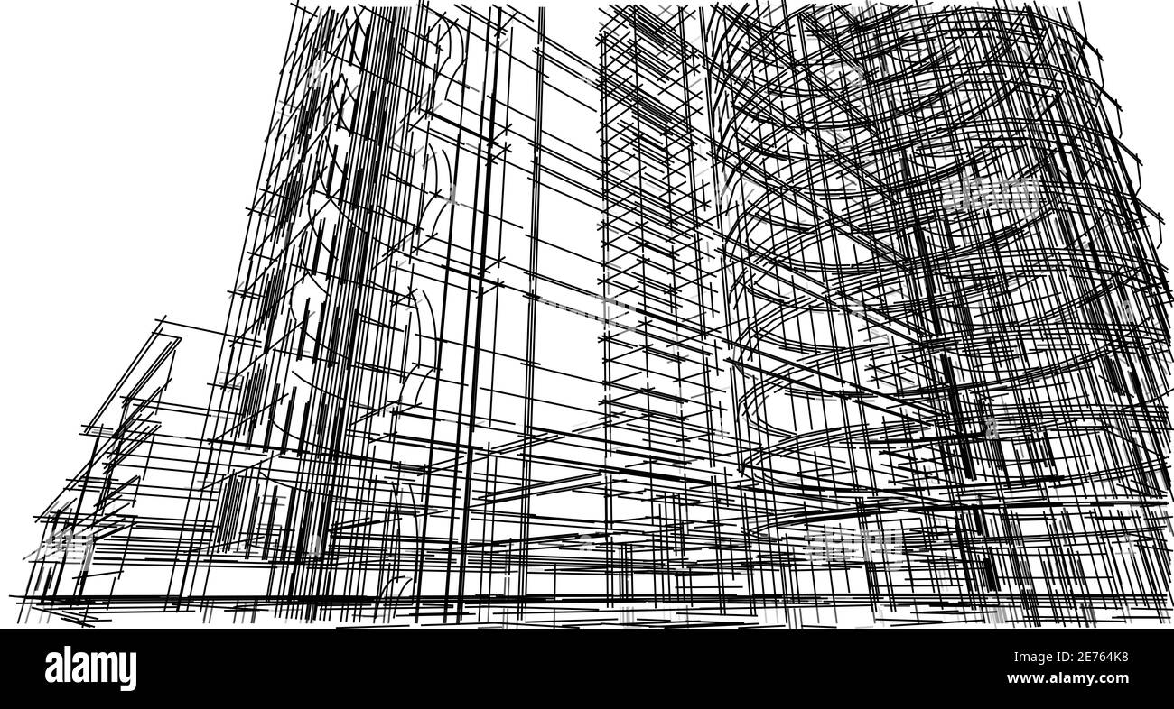 Structure filaire de bâtiment 3D abstraite. Illustration construction idée graphique , idée d'esquisse architecturale. Banque D'Images