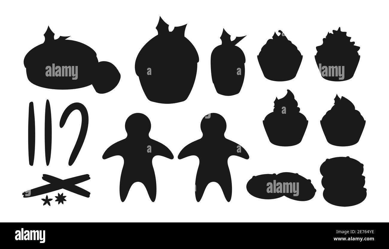 Noël bonbons nourriture noir silhouette icônes ensemble. Dessert d'hiver. Gâteau traditionnel, gâteau au beurre, pain d'épice. Savoureux en-cas fête nouvel an. Isolé sur une illustration vectorielle blanche. Illustration de Vecteur