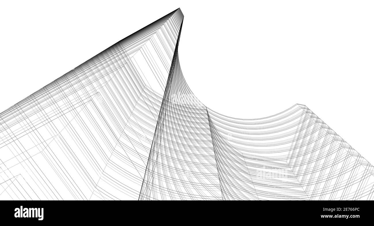 Structure filaire de bâtiment 3D abstraite. Illustration construction idée graphique , idée d'esquisse architecturale. Banque D'Images