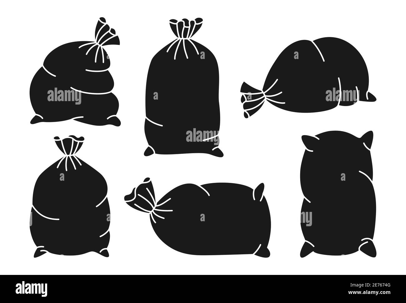 Sachets avec farine ou glyphe noir sucre. Sac Burlap collection linéaire. Récolte de la production agricole de farine. Symbole boulangerie et moulin. Concevoir des éléments de ferme biologiques, vecteur d'étiquette d'emballage Illustration de Vecteur