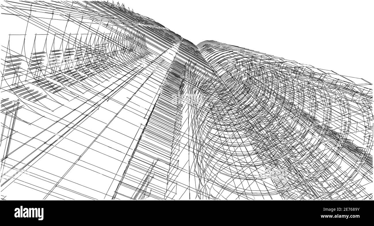 Structure filaire de bâtiment 3D abstraite. Illustration construction idée graphique , idée d'esquisse architecturale. Banque D'Images