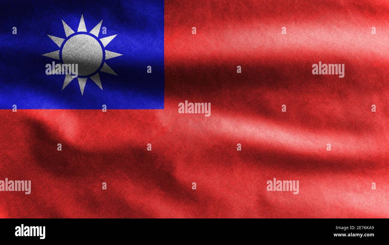 Drapeau taïwanais agitant dans le vent. Gros plan de la bannière taïwanaise, soie douce et lisse. Tissu texture ensign arrière-plan. Utilisez-le pour nationa Banque D'Images
