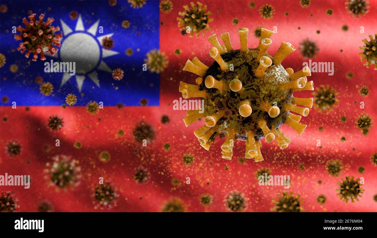 Le coronavirus de la grippe flotte sur le drapeau taïwanais, un agent pathogène qui attaque les voies respiratoires. Bannière taïwanaise agitant avec la pandémie de virus Covid19 infec Banque D'Images