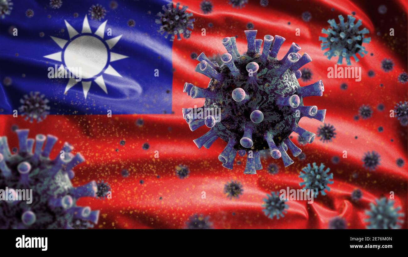 Drapeau taïwanais agitant avec l'épidémie de coronavirus infectant le système respiratoire comme une grippe dangereuse. Virus Covid 19 de type grippal avec Taïwan national Banque D'Images