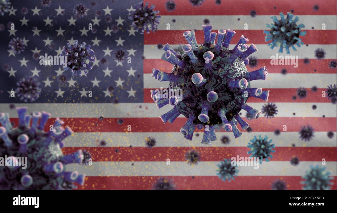 Le coronavirus de la grippe flotte sur le drapeau américain, un agent pathogène qui attaque les voies respiratoires. Bannière américaine agitant avec une pandémie d'infection à virus Covid19 Banque D'Images