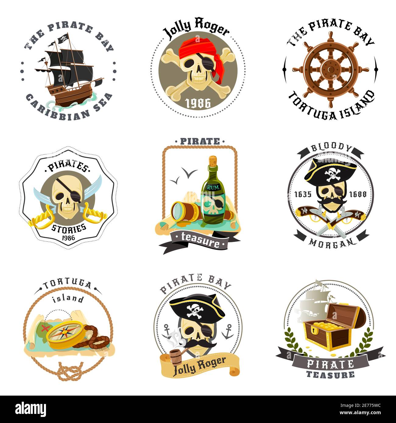 Les pirates de mer des Caraïbes ensemble avec barre de navire et tortuga carte des trésors de l'île illustration vectorielle isolée abstraite Illustration de Vecteur