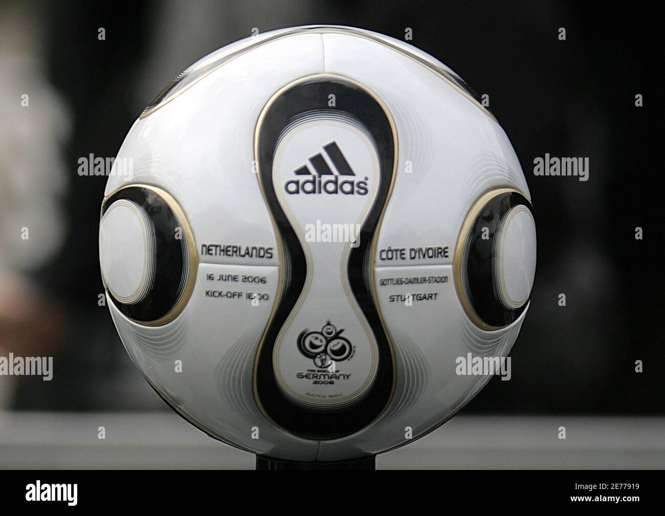 The soccer ball for the FIFA 2006 Soccer World Cup match between  Netherlands and Ivory Coast in Stutgart is presented to the media in Berlin  April 18, 2006. Franz Beckenbauer (L), President