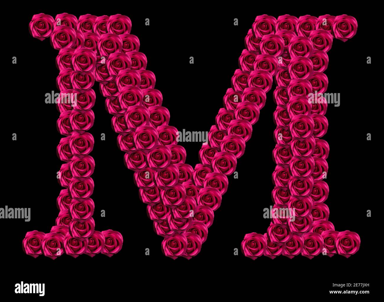 Romantique concept image d'une lettre majuscule M fait de roses rouges. Isolé sur fond noir. Élément de conception pour l'amour ou les thèmes de Saint-Valentin Banque D'Images