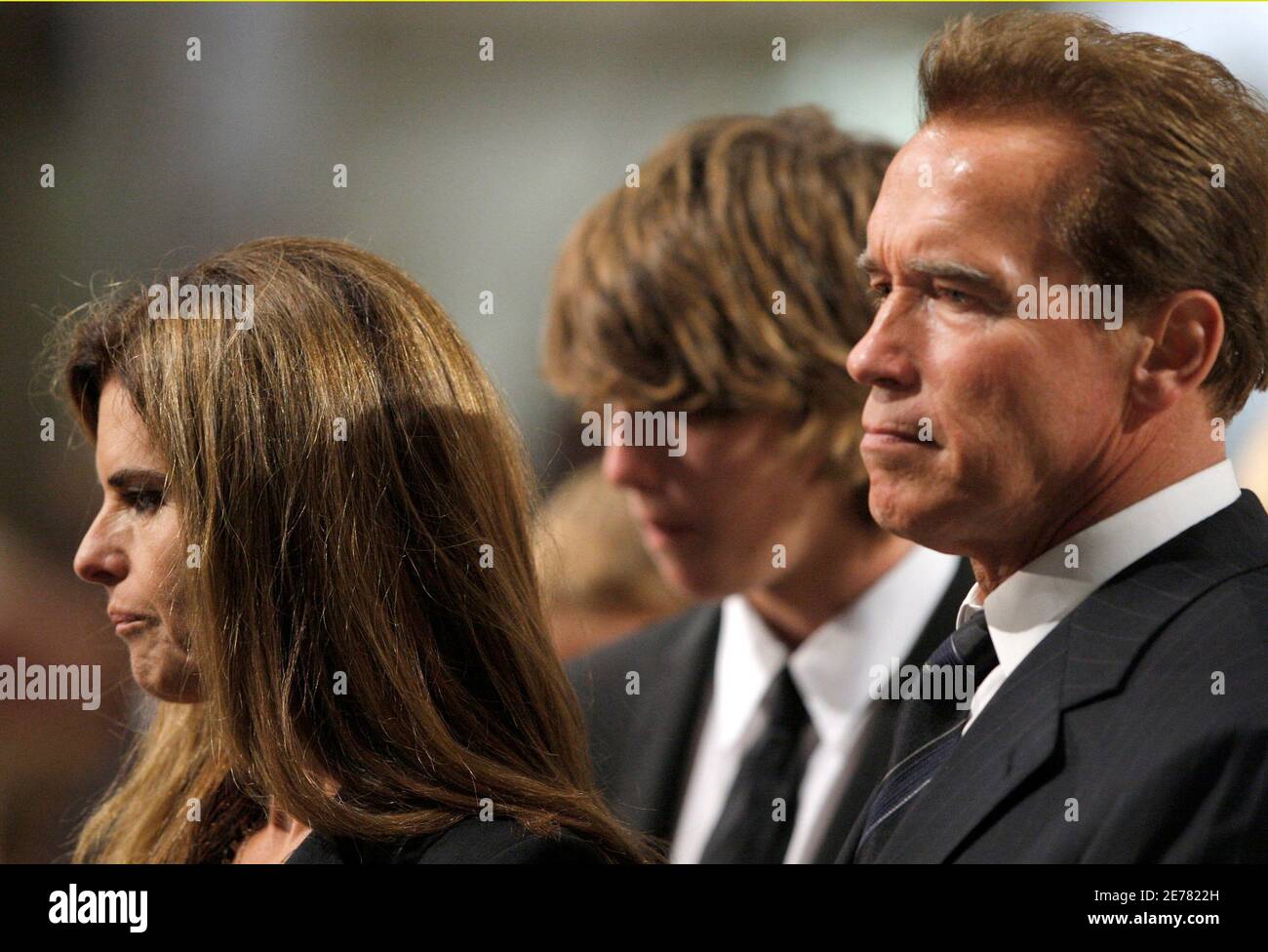 California First Lady Maria Shriver, niece of U.S. Senator Edward Kennedy,  her son Patrick Arnold Shriver Schwarzenegger and her husband California  Governor Arnold Schwarzenegger attend funeral services for Senator Kennedy  at the