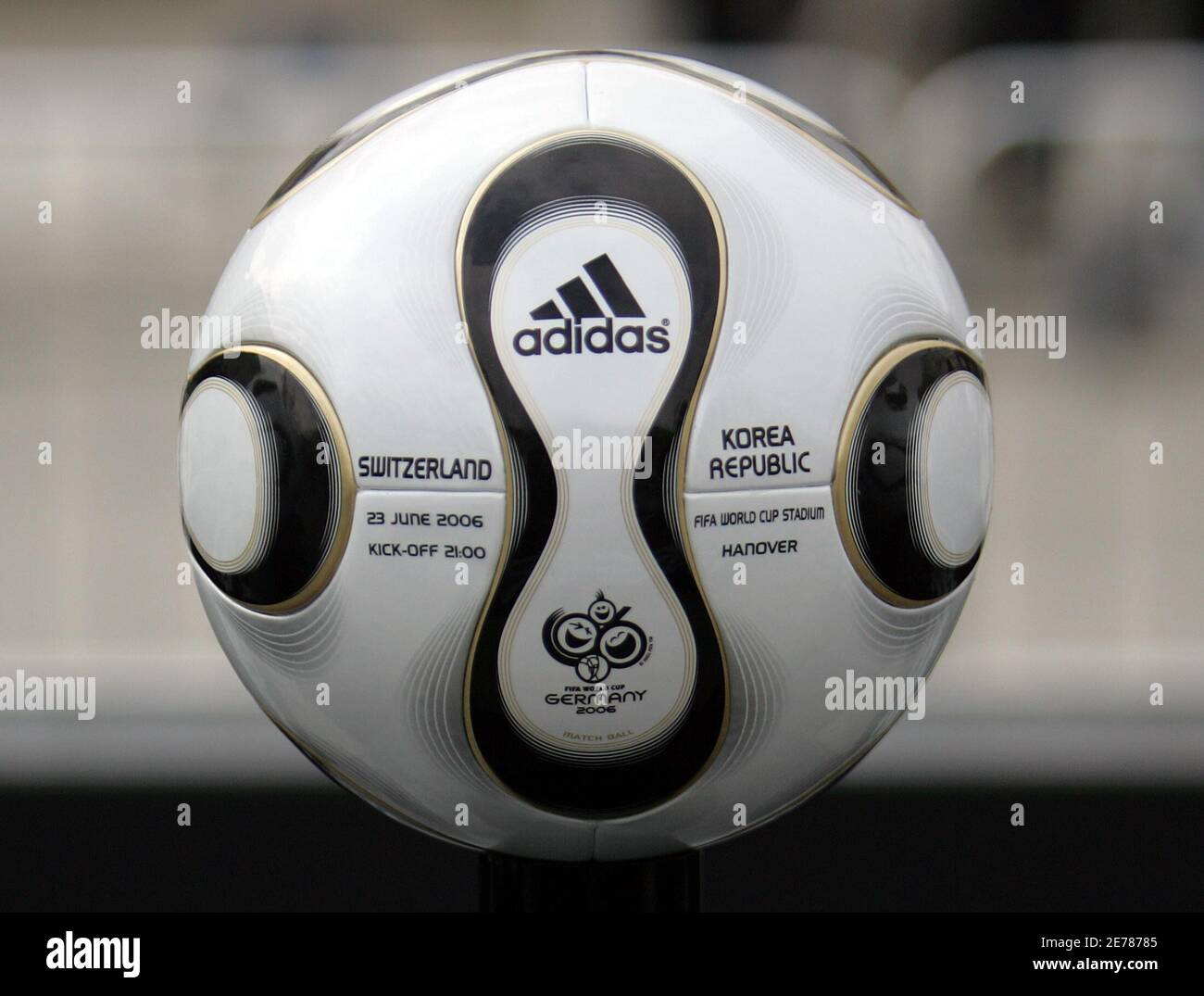 The soccer ball for the FIFA 2006 Soccer World Cup match between  Switzerland and South Korea in Hanover is presented to the media in Berlin  April 18, 2006. Franz Beckenbauer (L), President