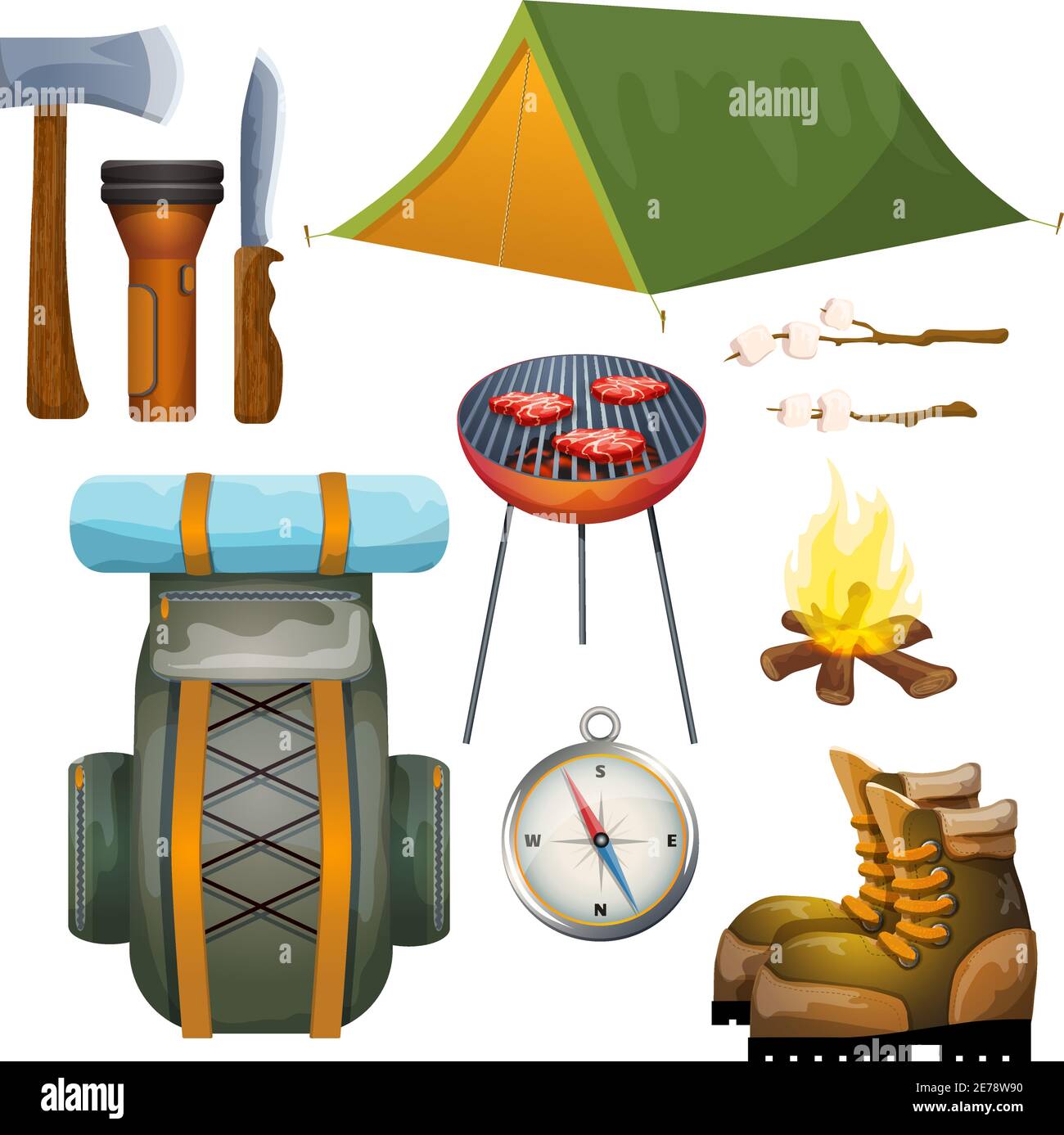 Vacances d'été équipement de camping extérieur et accessoires de collection de pictogrammes avec illustration vectorielle abstraite de sac à dos et de feu de camp Illustration de Vecteur