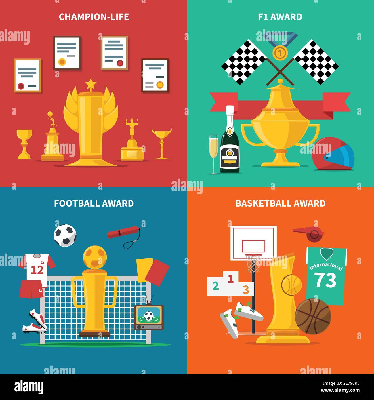 Les icônes des récompenses sportives se sont présentées avec la remise des prix du football et du basket-ball illustration vectorielle isolée Illustration de Vecteur