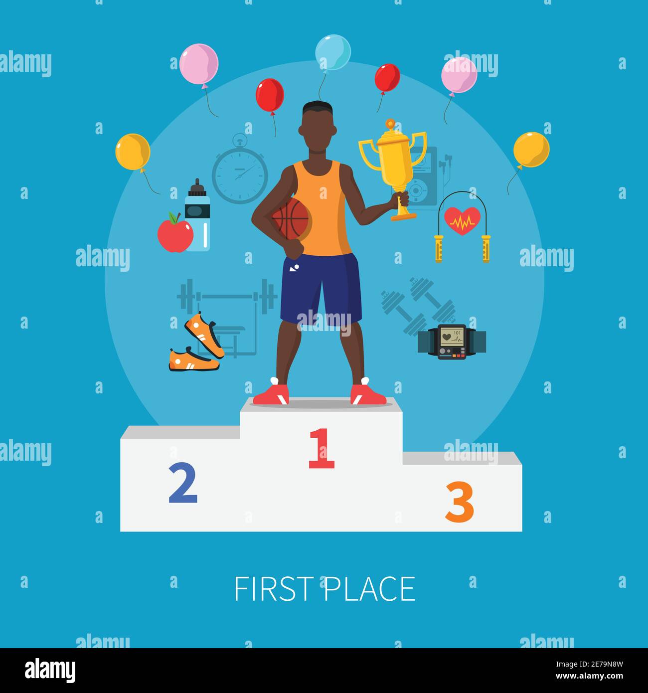 Concept sport gagnant avec symboles de la première place sur fond bleu illustration vectorielle plate Illustration de Vecteur