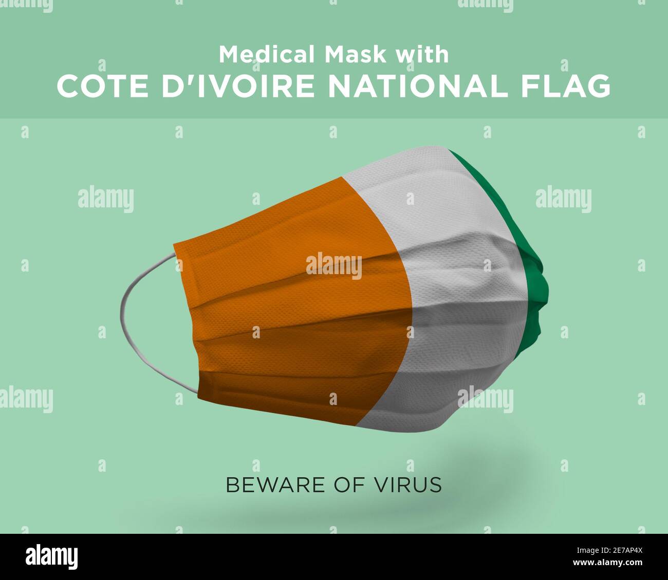 Rendu 3D d'un masque médical avec la Côte d'Ivoire National Drapeau sur fond vert Banque D'Images