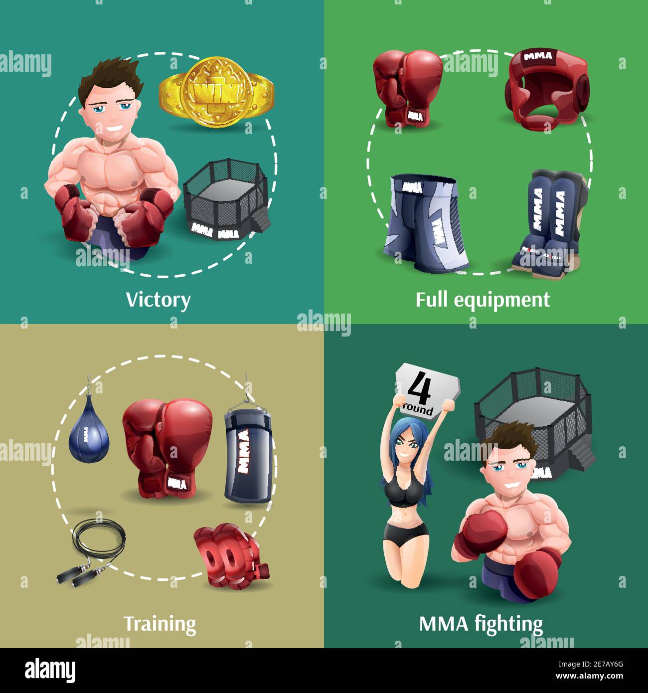 MMA Fighting Training équipement complet et champion 4 icônes 3d illustration vectorielle isolée abstraite de la bannière de composition carrée Illustration de Vecteur