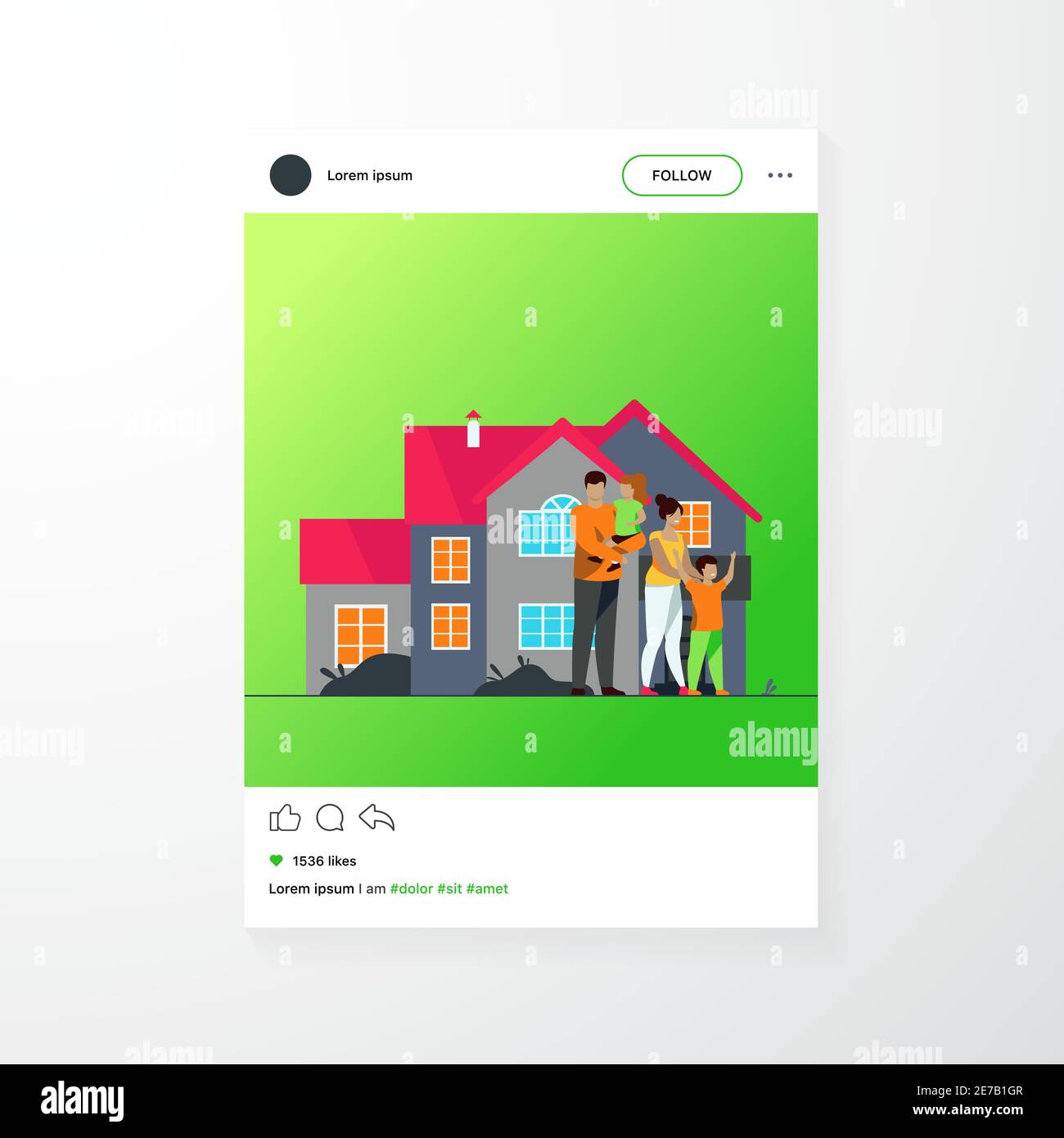 Bonne Famille Debout Devant L Illustration Vectorielle Plate De La Maison Des Personnages De Dessins Animes Qui Se Posent Pour La Photo A L Exterieur Concept De Bonheur Et D Amour Image Vectorielle Stock