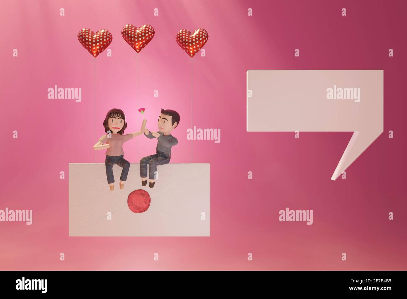 personnage de dessin animé assis sur une lettre d'amour . concept de médias sociaux. illustration 3d Banque D'Images