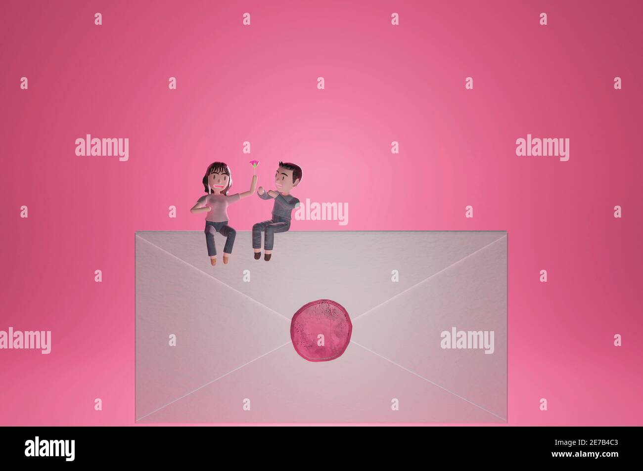 personnage de dessin animé assis sur une lettre d'amour . concept de médias sociaux. illustration 3d Banque D'Images