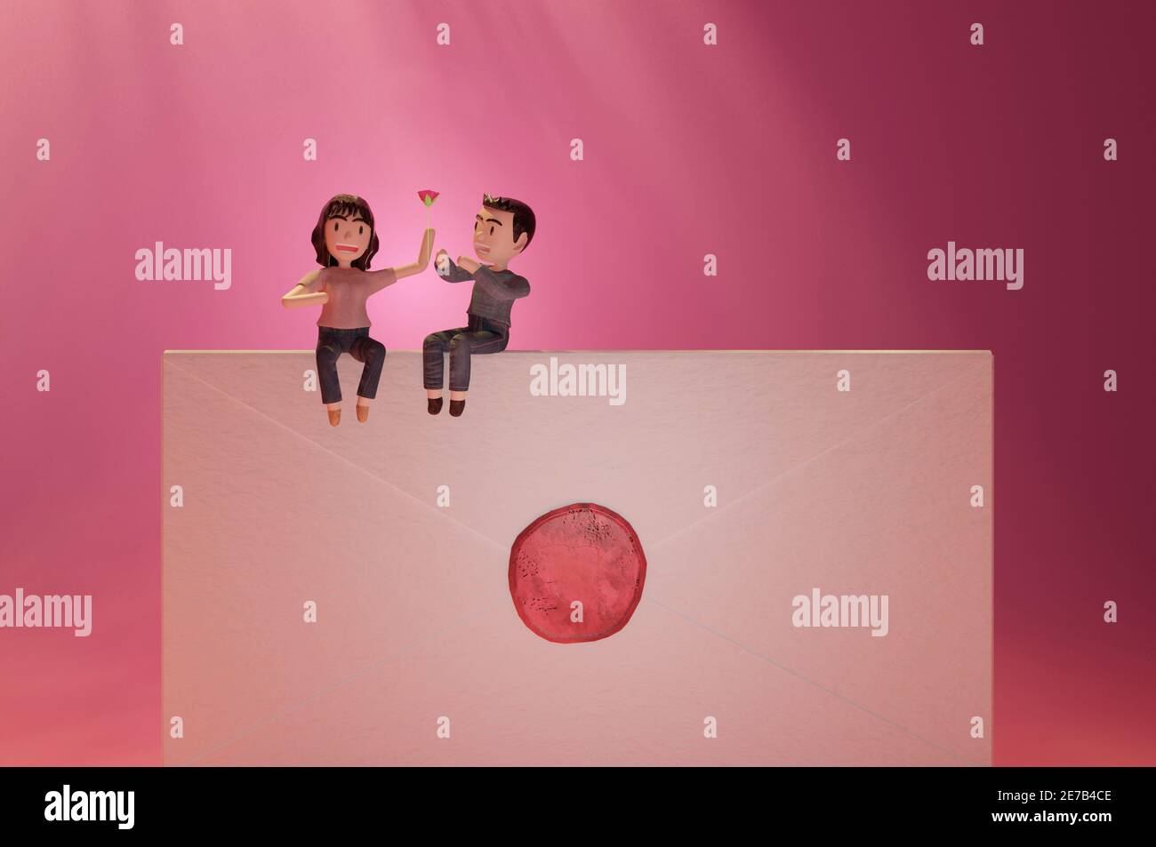 personnage de dessin animé assis sur une lettre d'amour . concept de médias sociaux. illustration 3d Banque D'Images